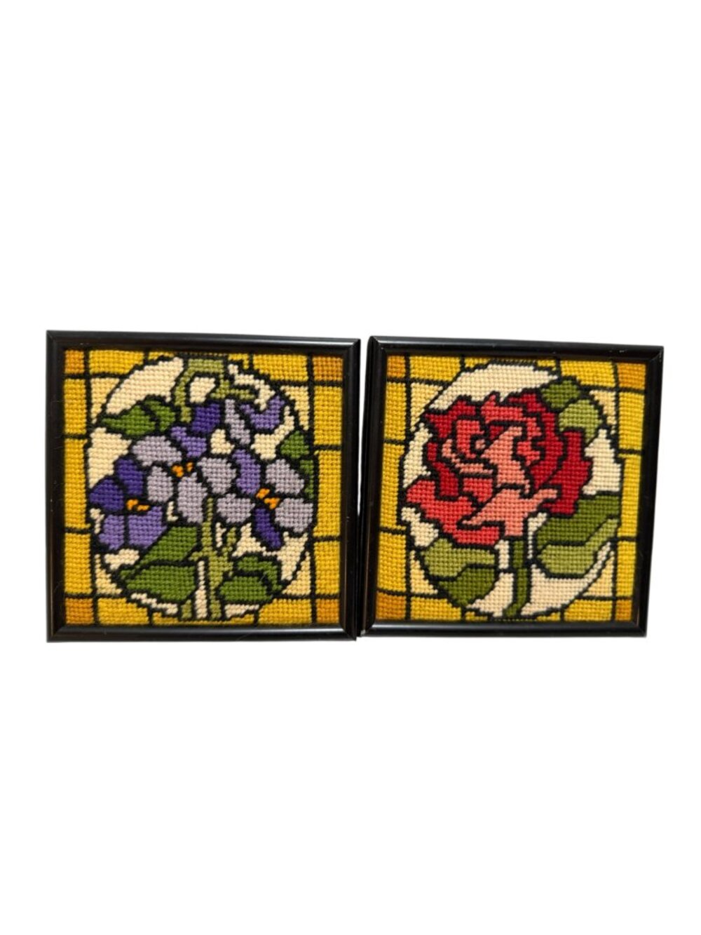 Framed Floral Needlepoint Wall Art Sunset Designs Stained Glass Vintage 70s - Picture 4 of 11